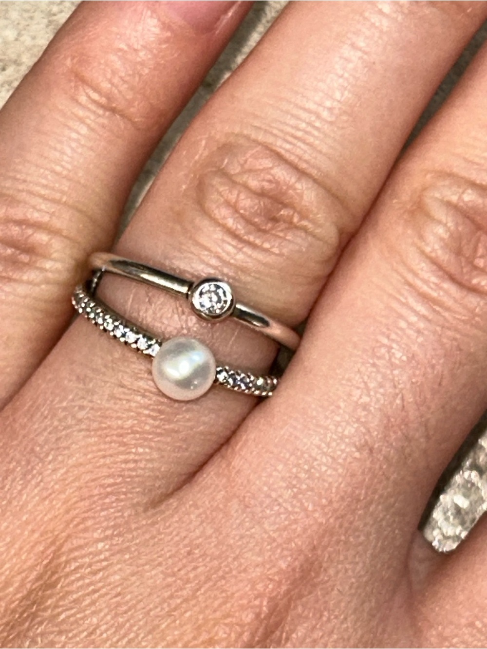 Pandora Treated Freshwater Cultured Pearl & Pavé Double Band Ring (52)
